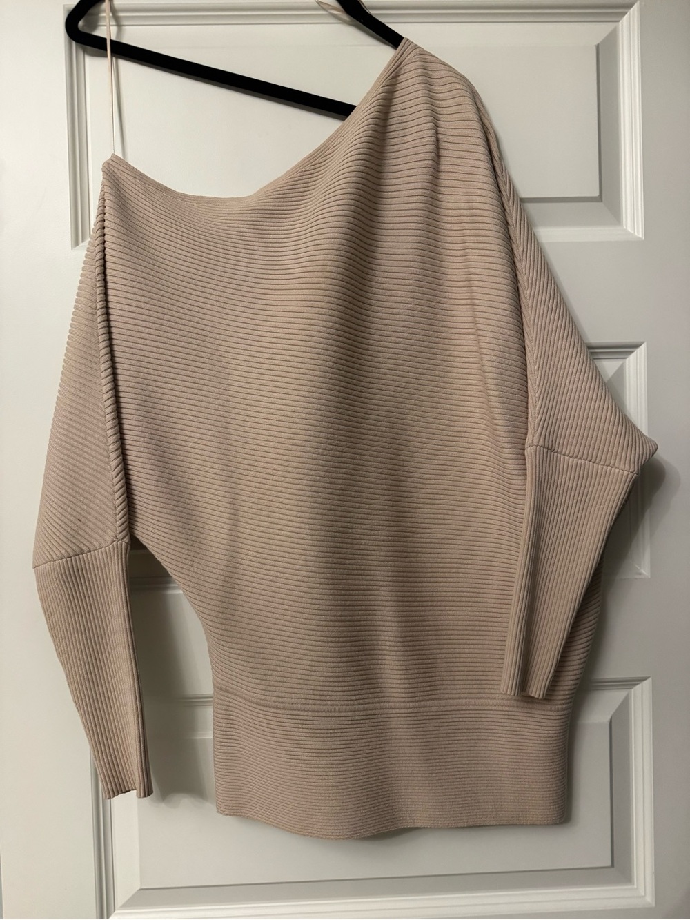 Dress Forum Ribbed Off-Shoulder Sweater in Beige Blush